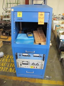 POWER SUPPLY CABINET, WITH ELECTRONIC MEASUREMENTS INC. TCR POWER SUPPLY, CALIFORNIA INSTRUMENTS INVERTRON MODEL 1001TC. LOADING & HANDLING FEE $15-4528